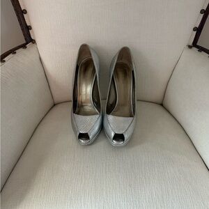 Roberto Cavalli Silver Peep-Toe Heels Sz9